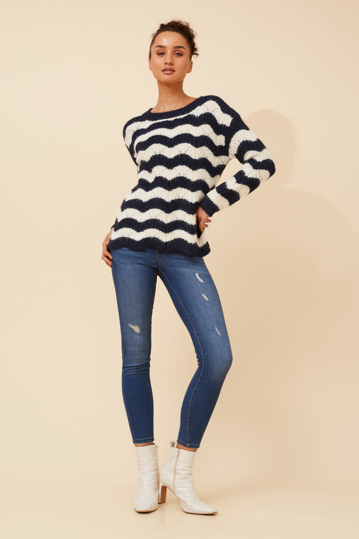 Orri Stripe Print Knit KP736720 Navy/Cream