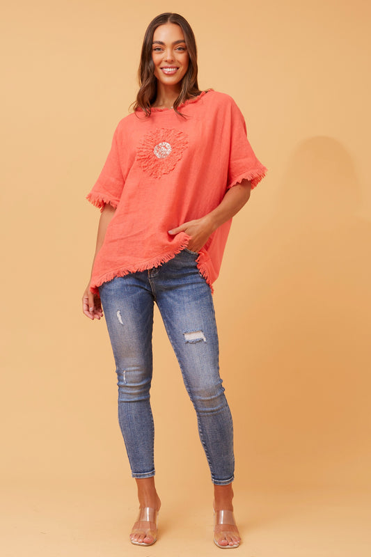 Liliana Italian Floral Patchwork Top T516062 Corallo