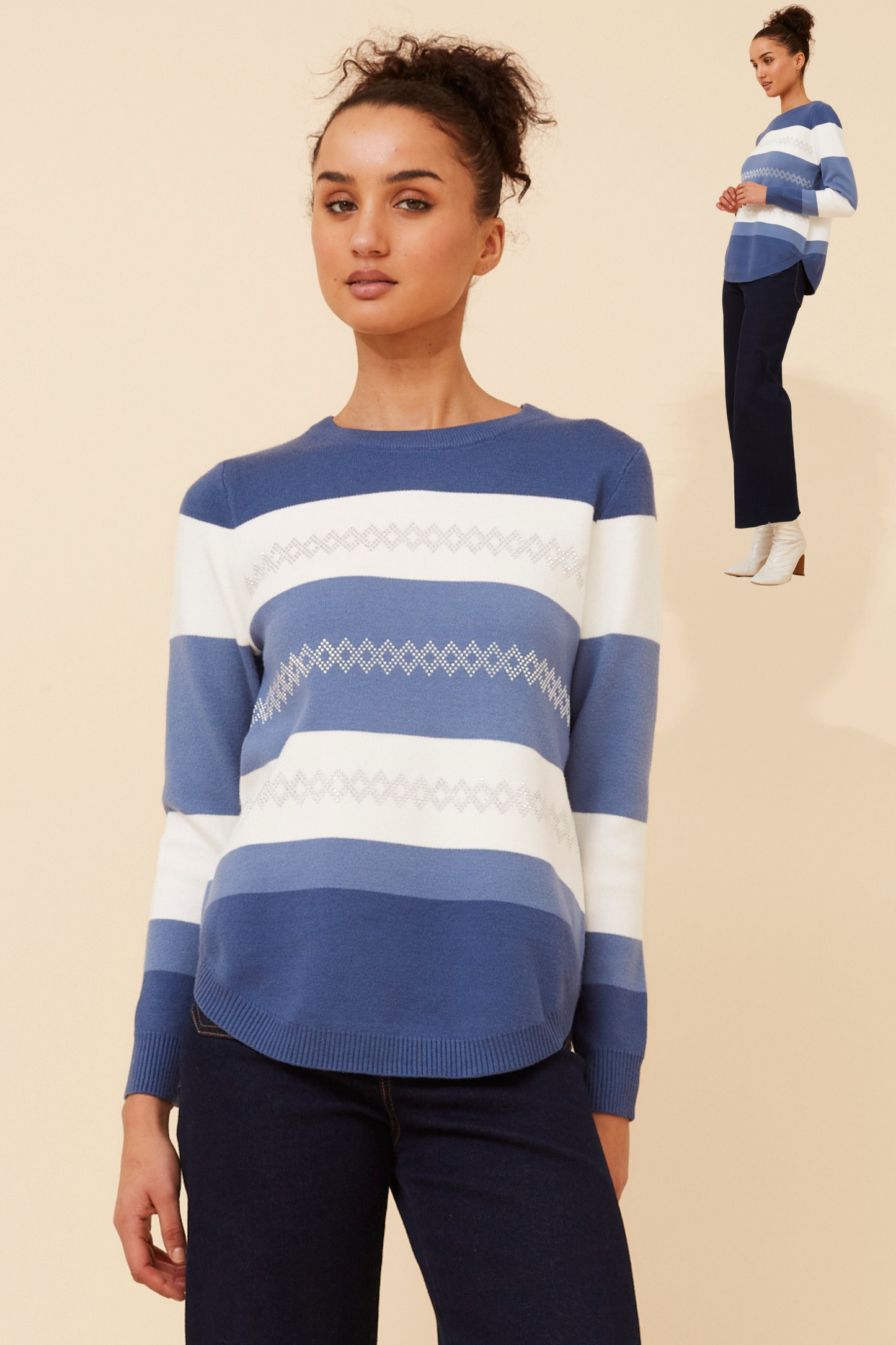 Taylor Stripe Diamante  Knit KP178866 Dusty Blue