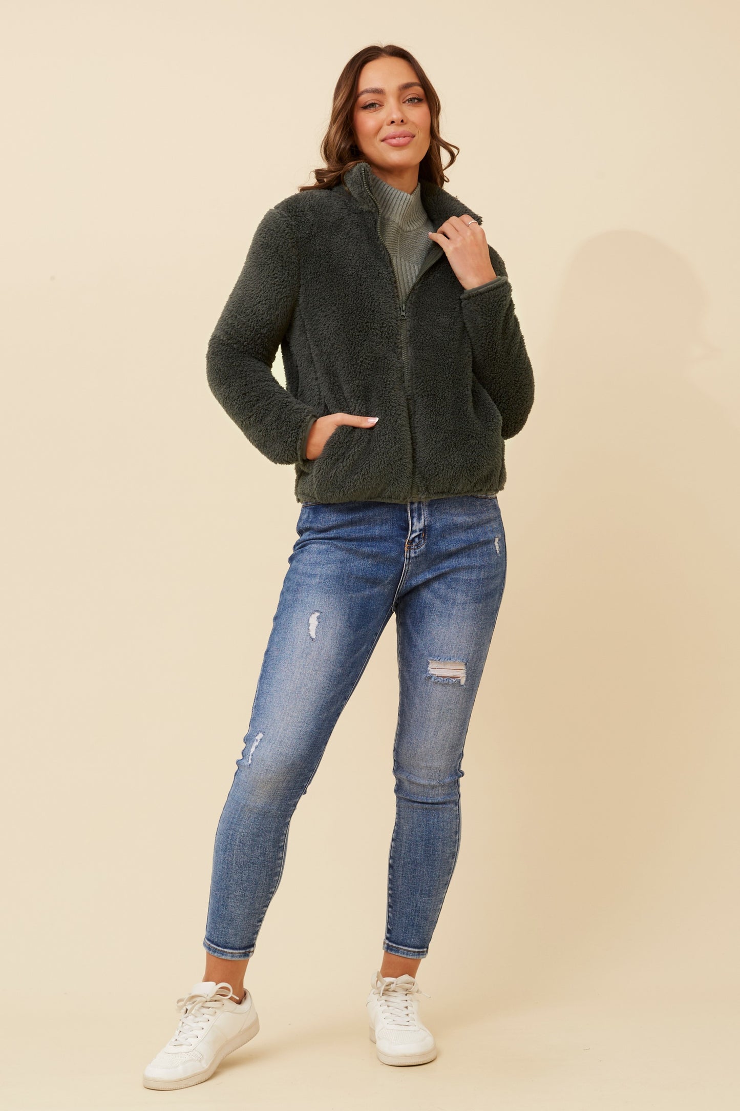 Front FAUX FUR Jacket- Deep Forest J508971