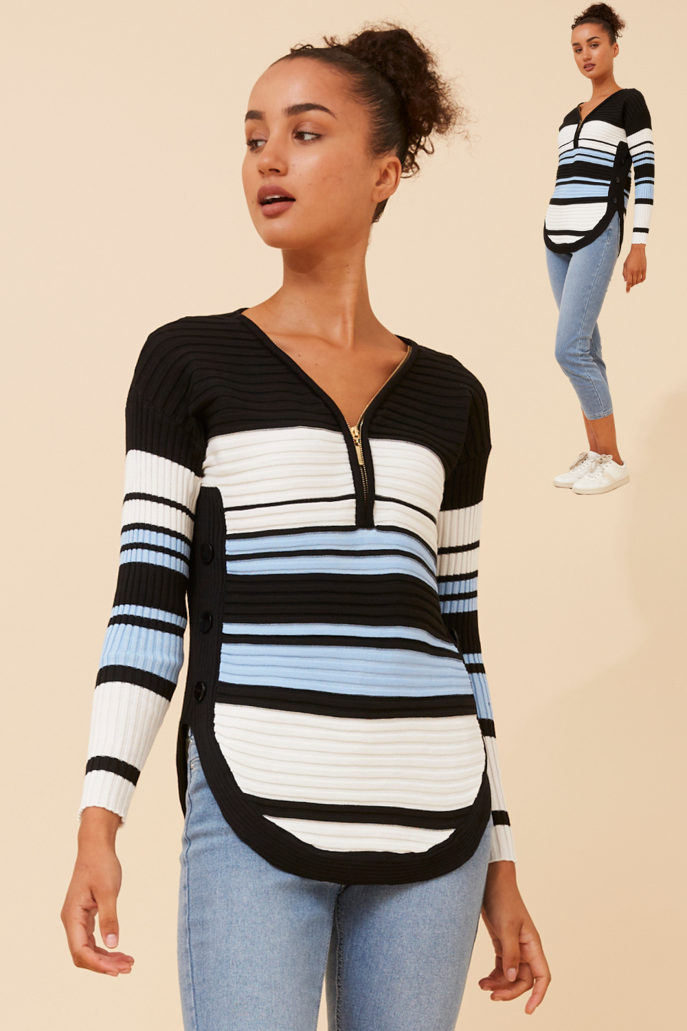 Artha Colour Block Knit Jumper KP526055 Skylight