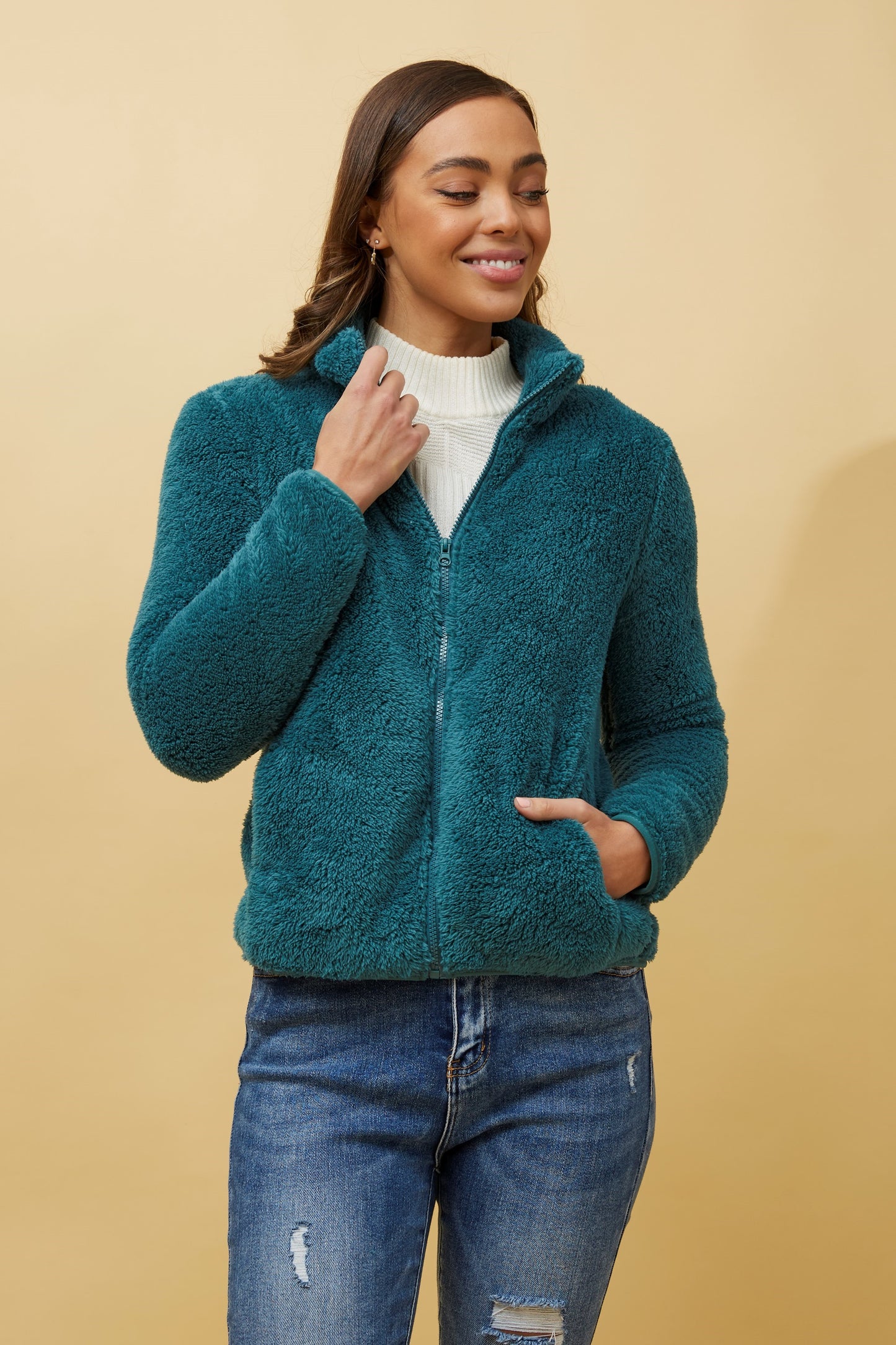 Front FAUX FUR Jacket- Deep Teal J508971