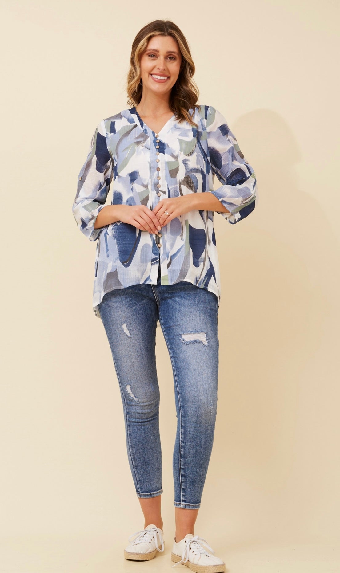 Edie Floral Print Button Top - Blue T520603