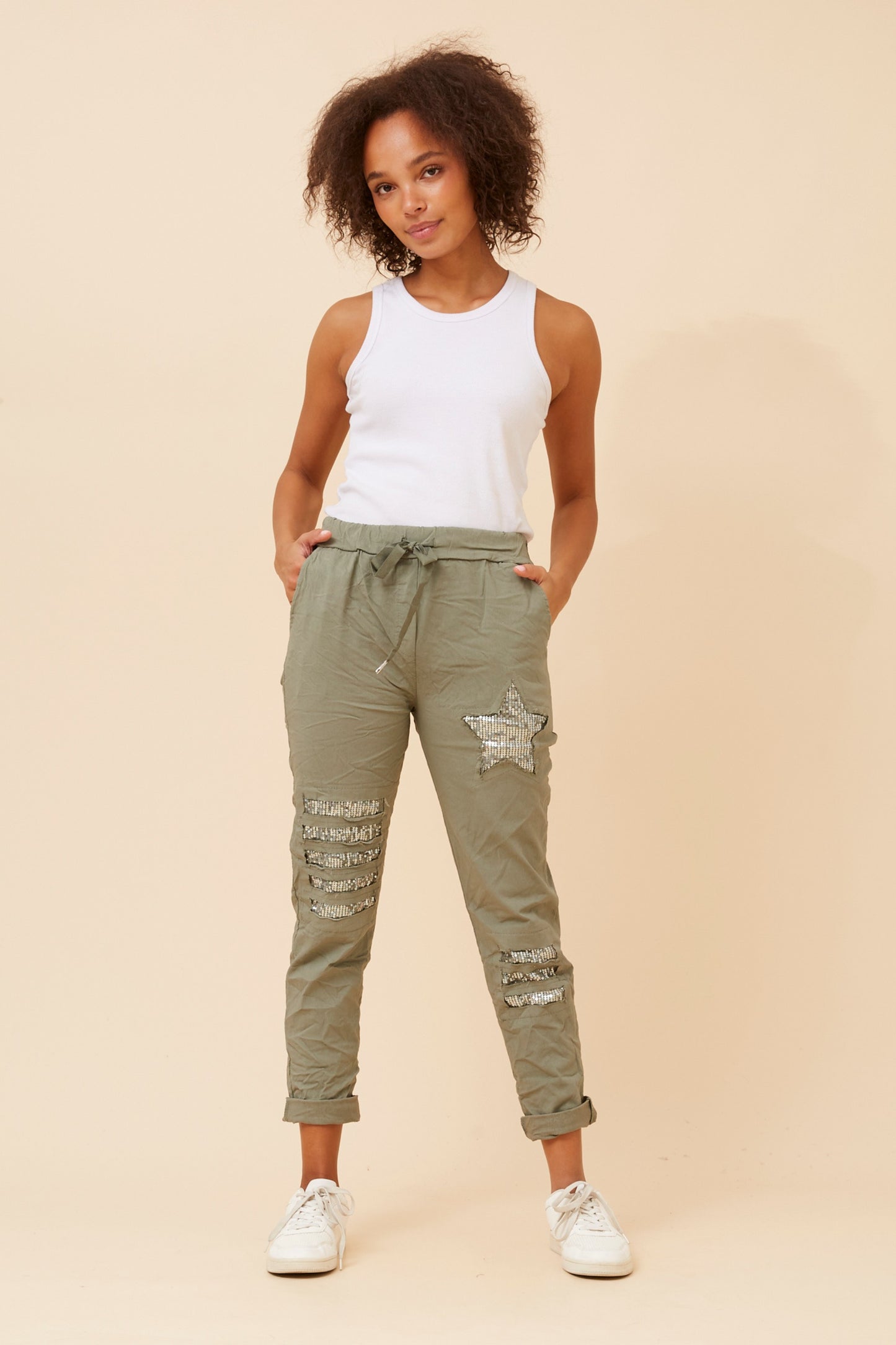 Star Sequin Patches Italian Pant -Khaki  P521148