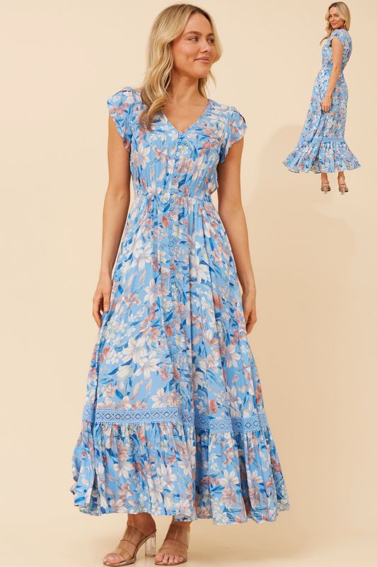 Indi Flower Print Maxi Dress - D527020 Blue