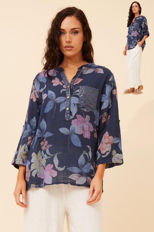 Skye Italian Floral Top T523008 Navy