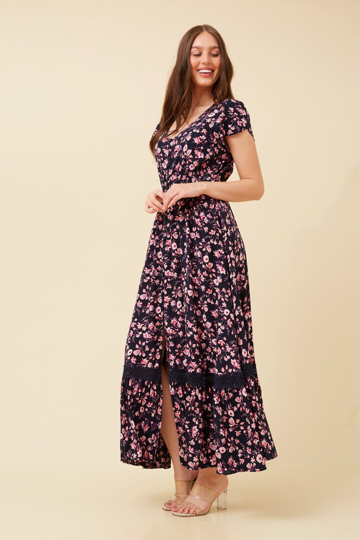 Indi Flower Print Maxi Dress - Navy D517384