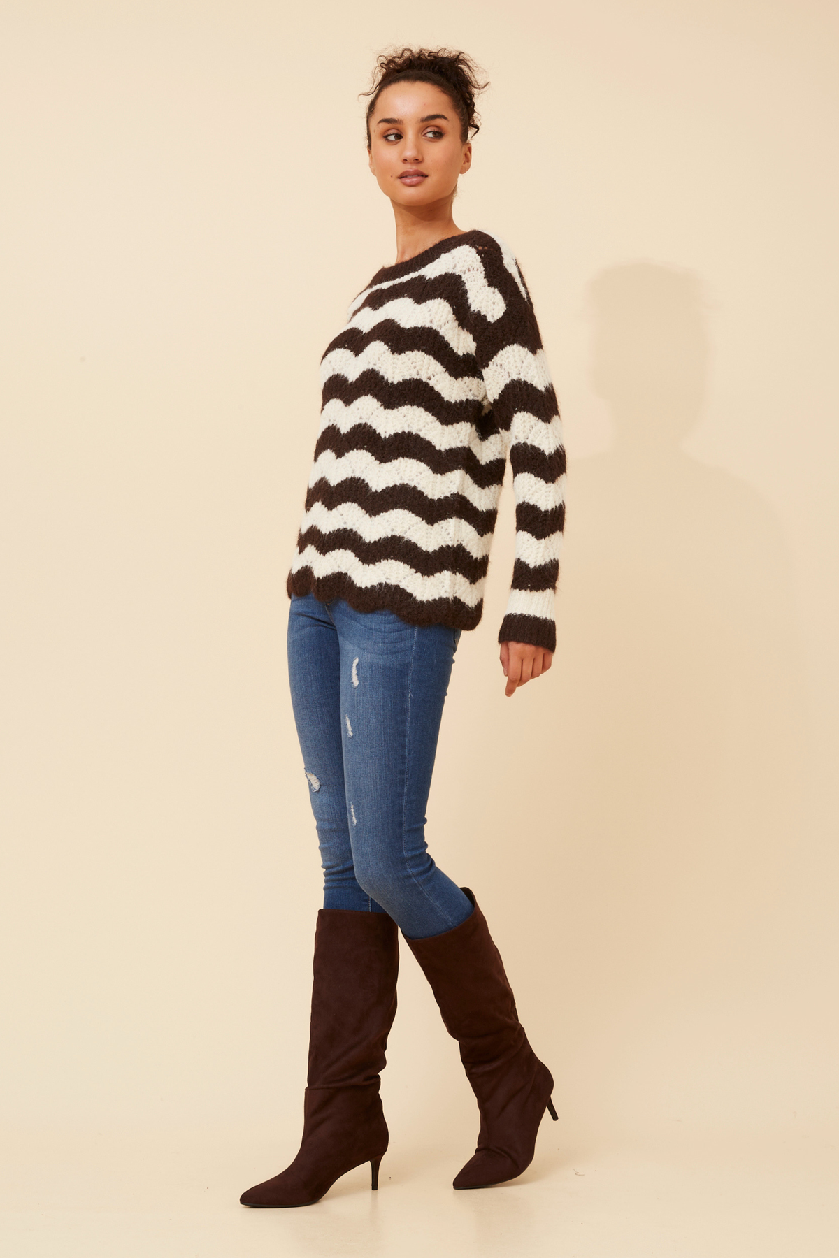 Orri Stripe Print Knit KP736720 Chocolate/Cream