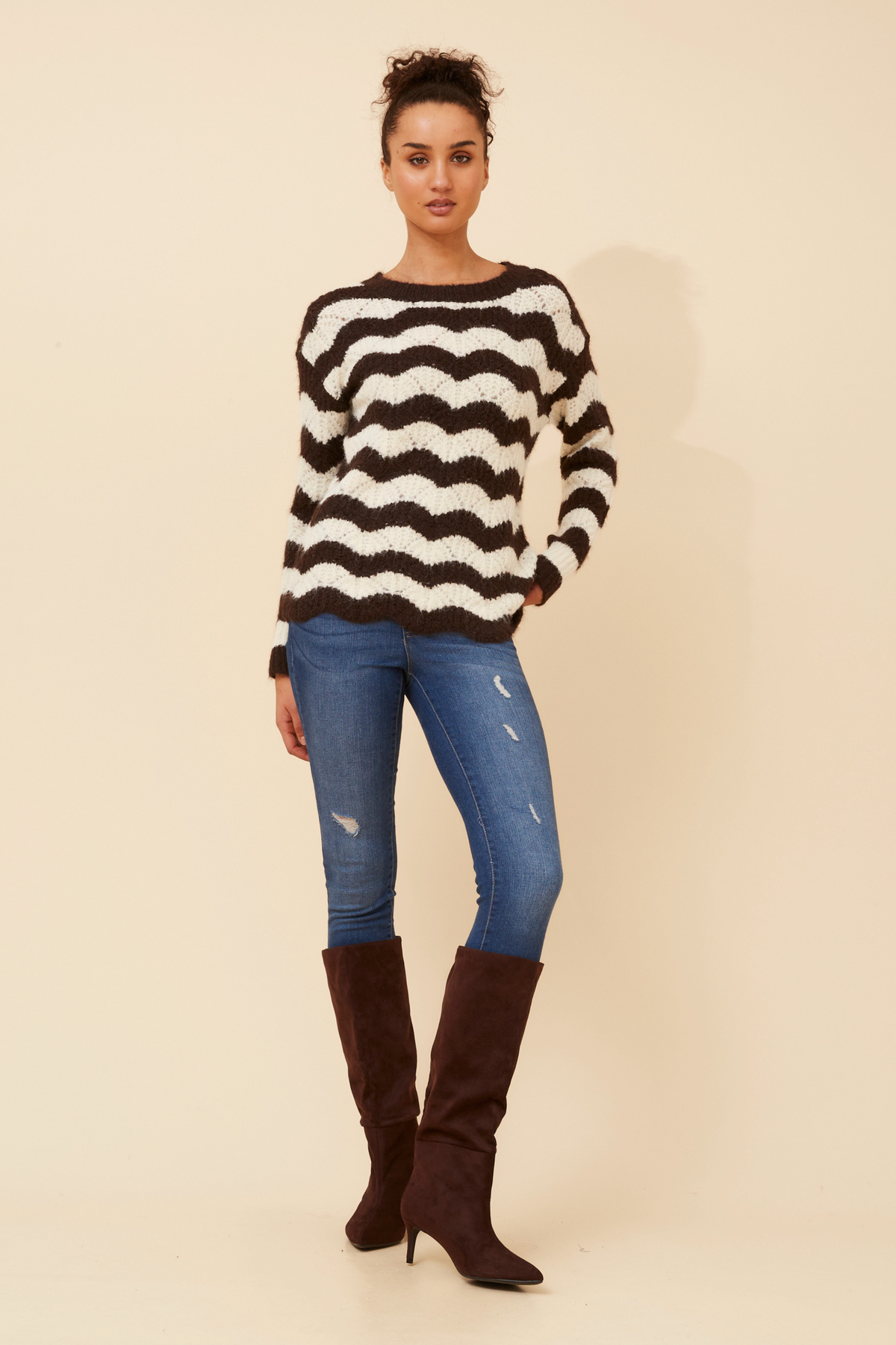 Orri Stripe Print Knit KP736720 Chocolate/Cream