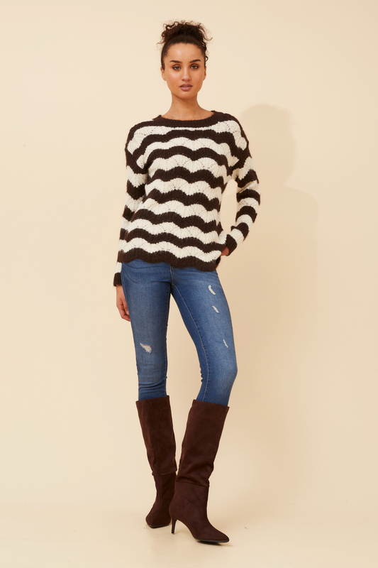 Orri Stripe Print Knit KP736720 Chocolate/Cream