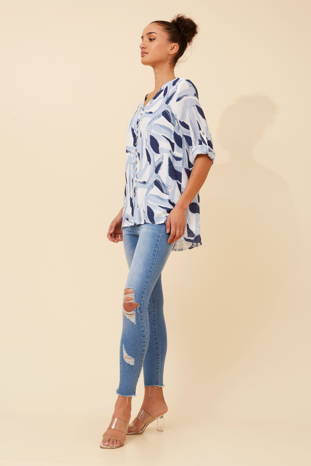Edie Floral Print Button Top T526718 Blue