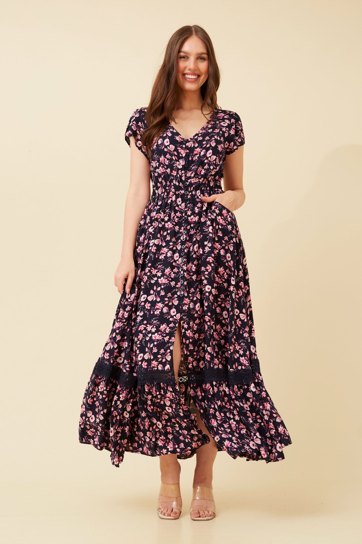 Indi Flower Print Maxi Dress - Navy D517384