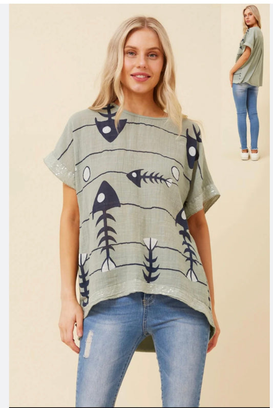 Italian Fish Print Top T521175 Sage