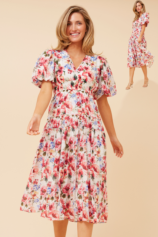 Freya Puffy Sleeves Dress D526402 Multi Pink