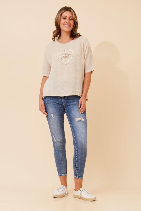 Liliana Italian Floral Patchwork Top T525137 Linen
