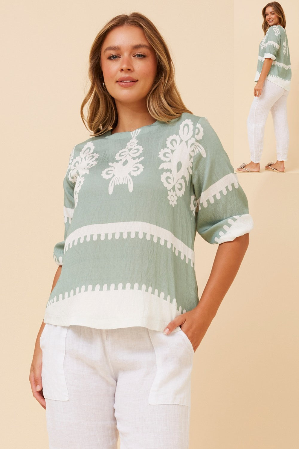 Amara Boho Print Blouse T523165 Sage