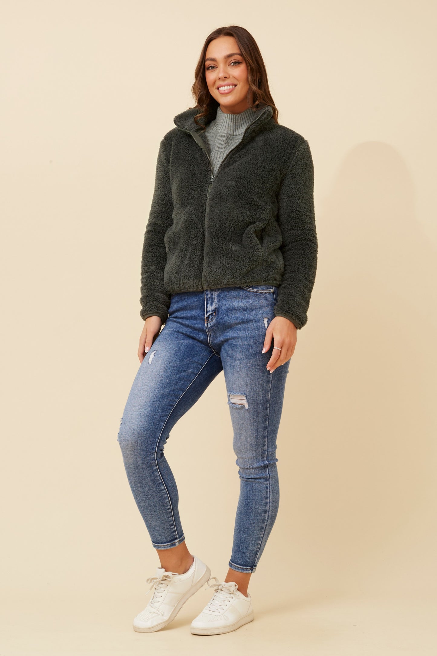 Front FAUX FUR Jacket- Deep Forest J508971