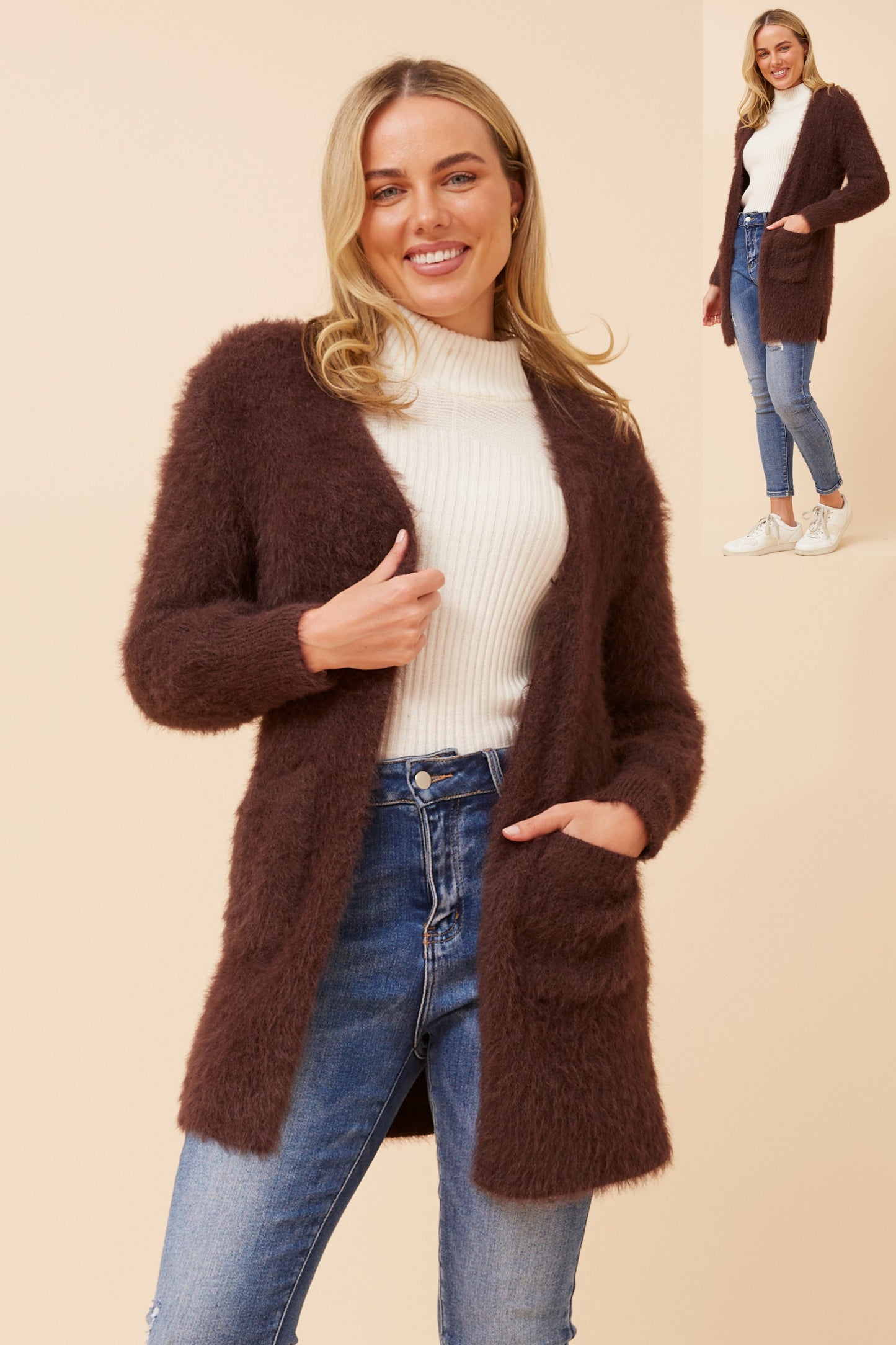 Davie Long Sleeves Eyelash Knit Cardigan KC522871 - Chocolate