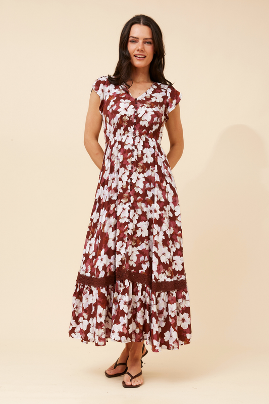 Indi Flower Print Maxi Dress - D736916 Cinnamon