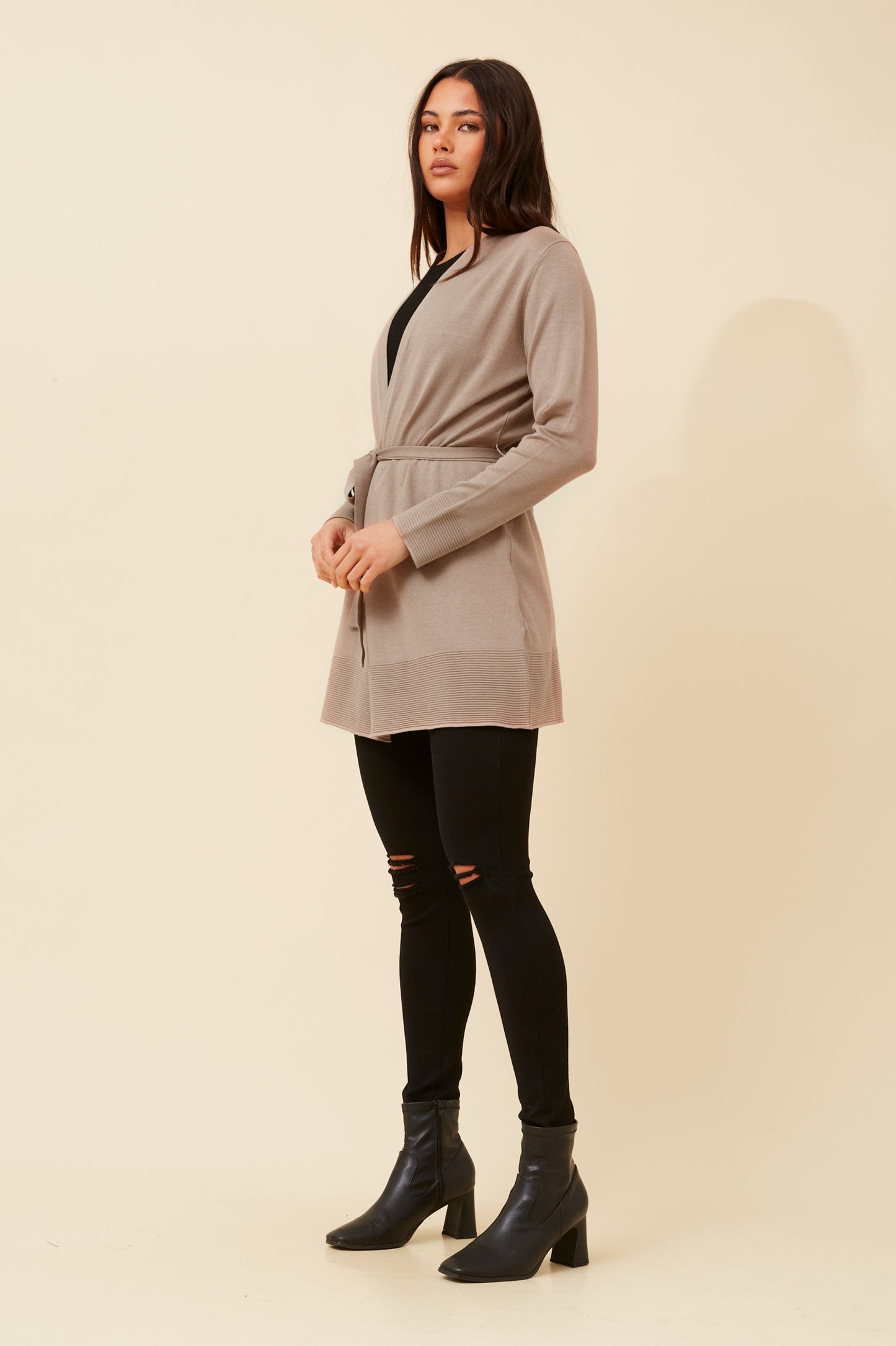 Ala Tie Front Knit Cardigan Taupe