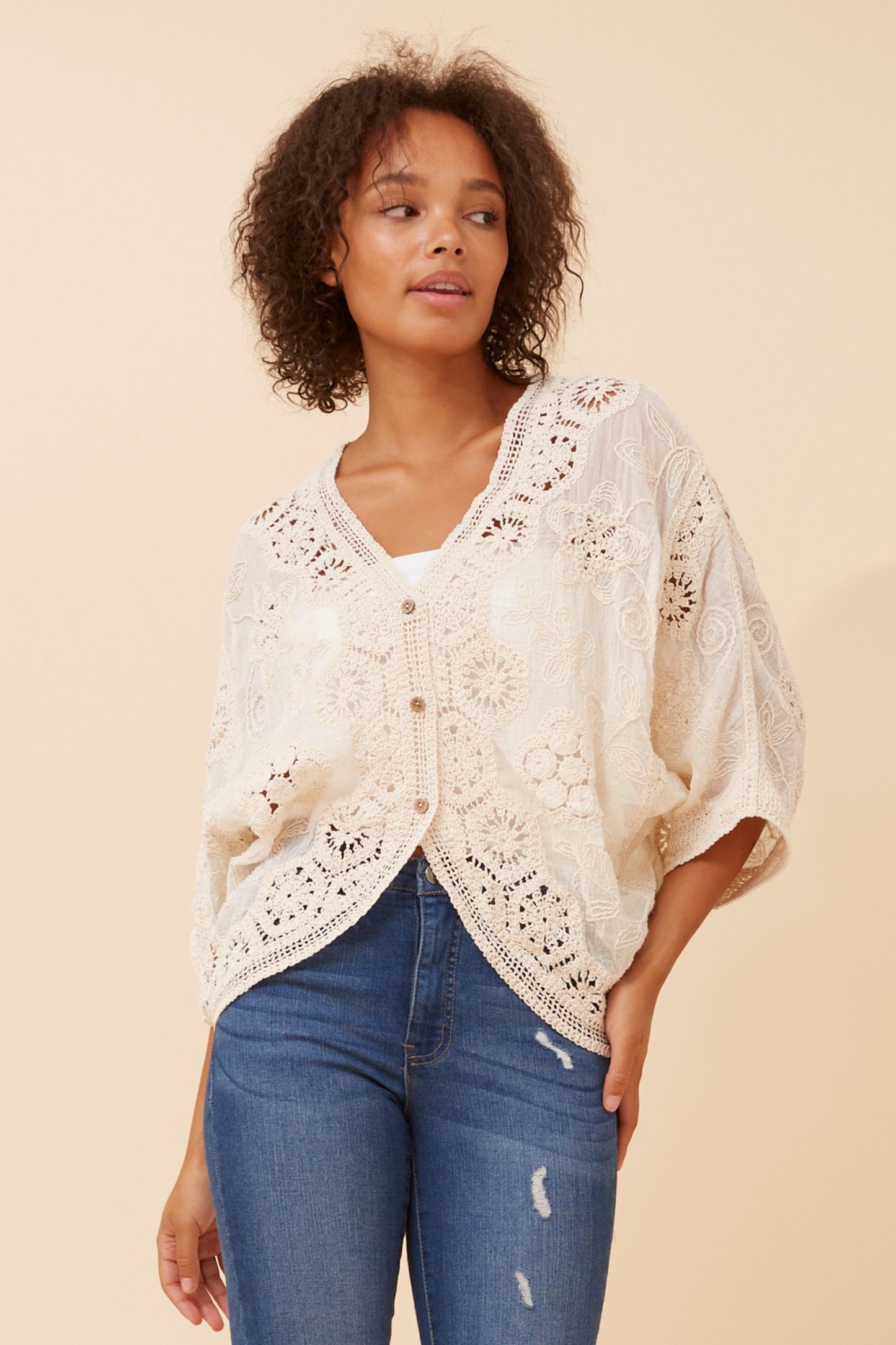 Boho Lace Crochet Cardigan C734706 Cream