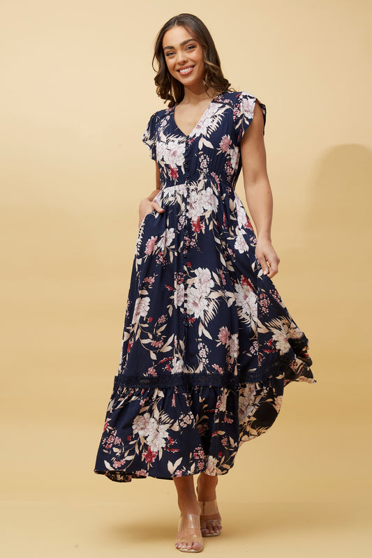 Merci Floral Maxi Dress - Multi Navy D513068