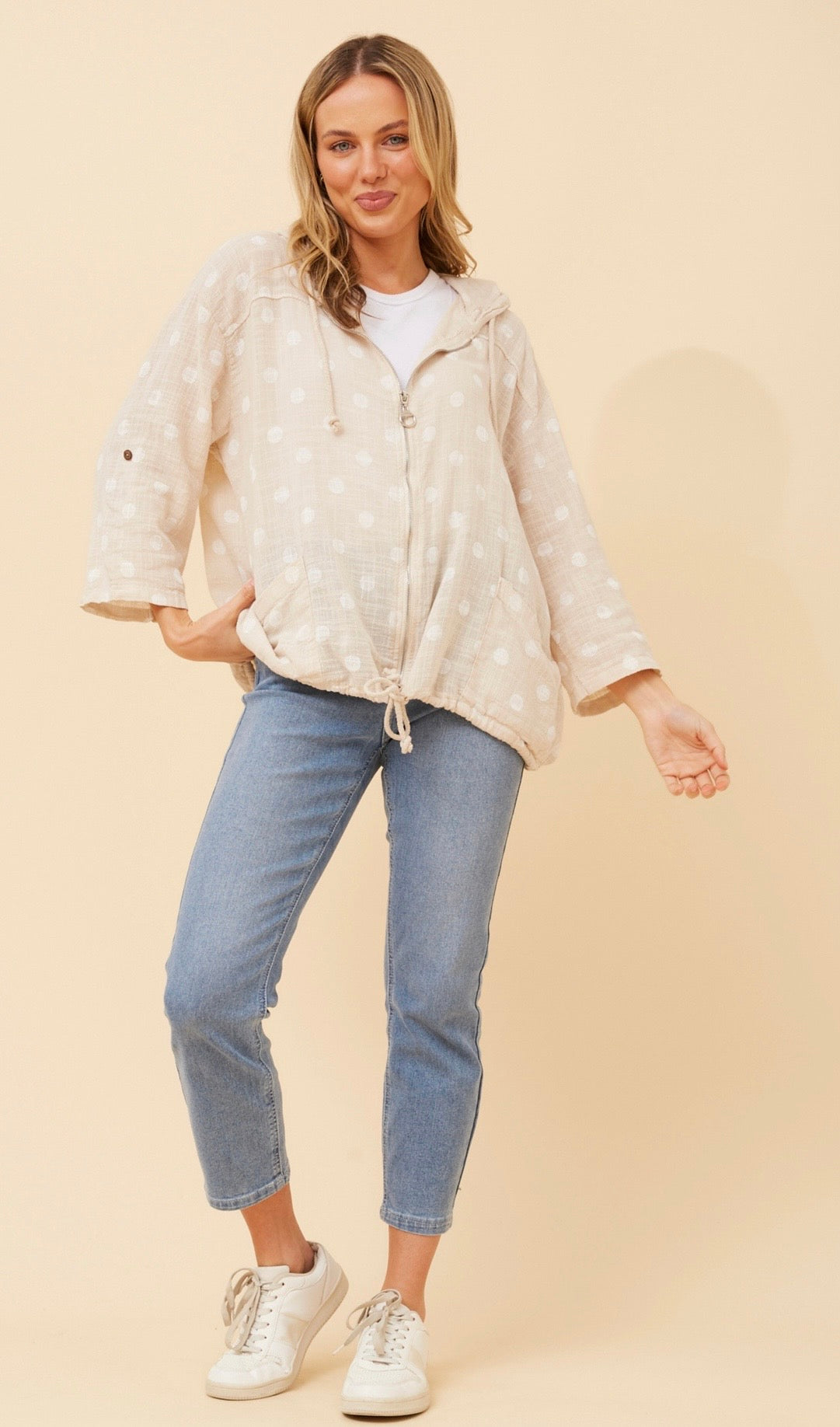 Seta Polka Dot Printed Hoody Jacket J526469 Beige/White