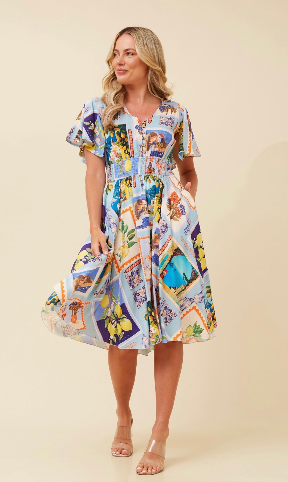 Iviana Postcard Print Midi Dress - Multi Blue D522737