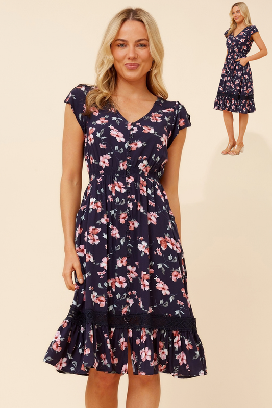 Milan Leaf Print Knee Dress - D526383 Navy
