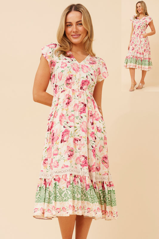 Indica Leaf Print Midi Dress - Multi Pink D524935