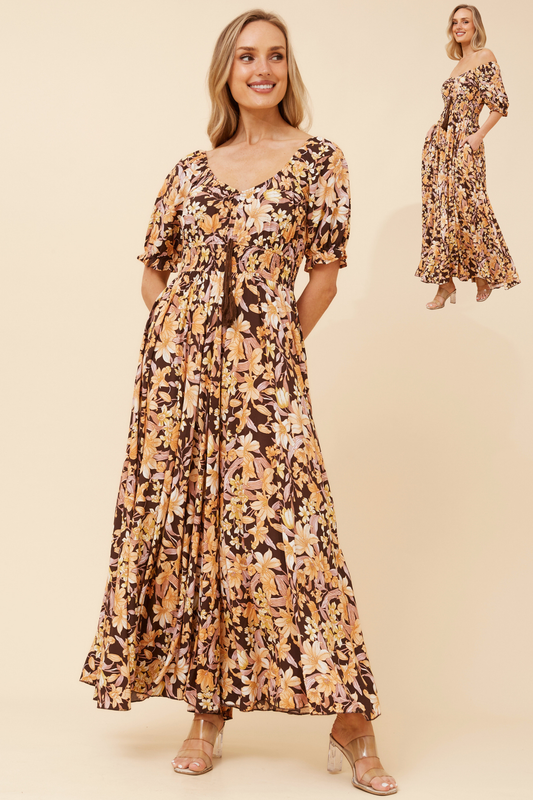 Molly Floral Boho Maxi Dress- D526445 Chocolate