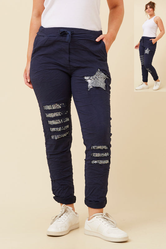 Star Sequin Patches Italian Pant - Navy P521148