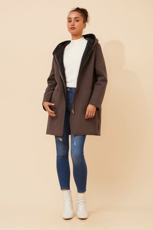 Lana Zip Front Coat with Hood CO508734 Chocolate