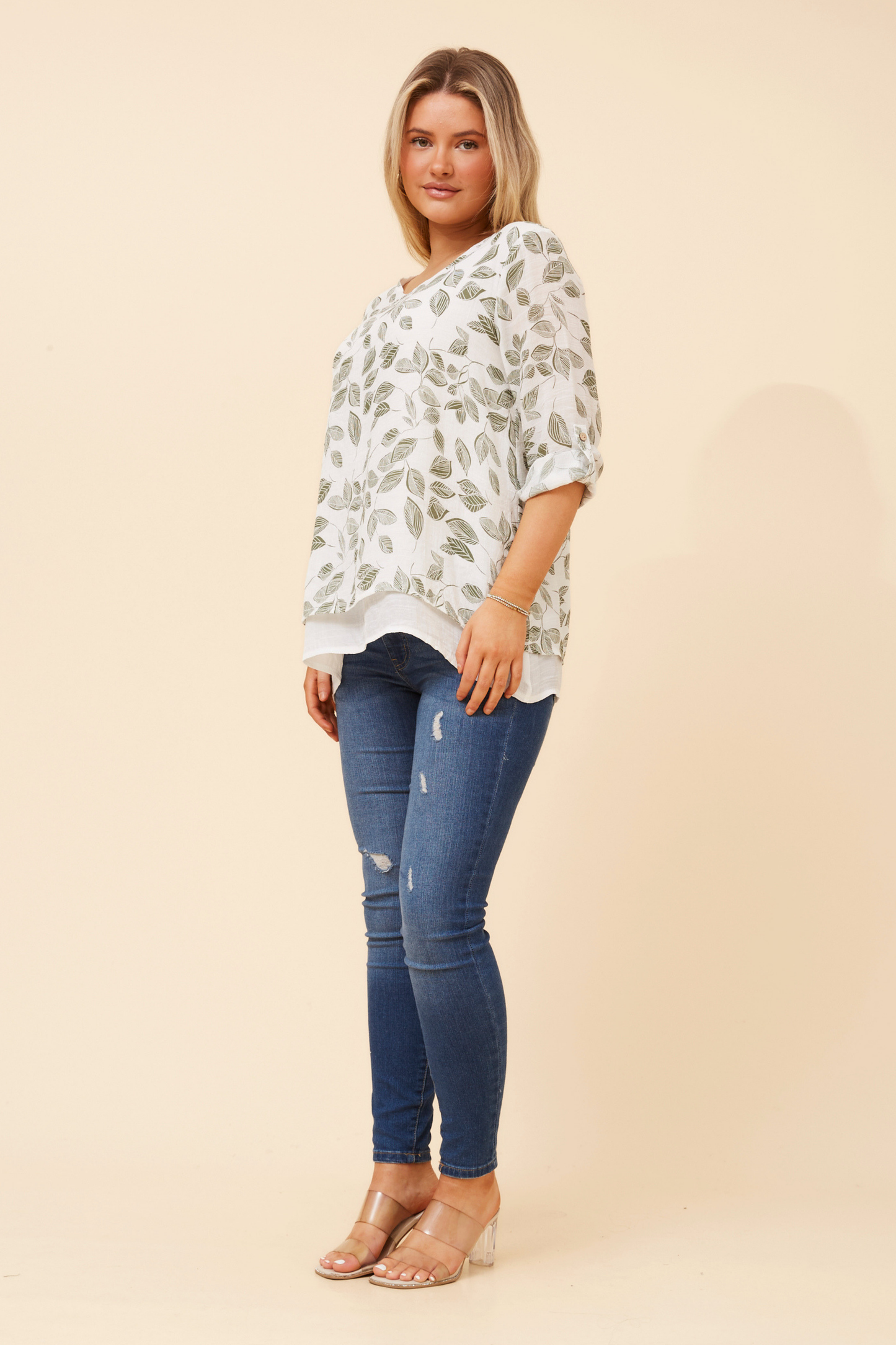 Leon Double Layer Printed Top T526723 - Olive