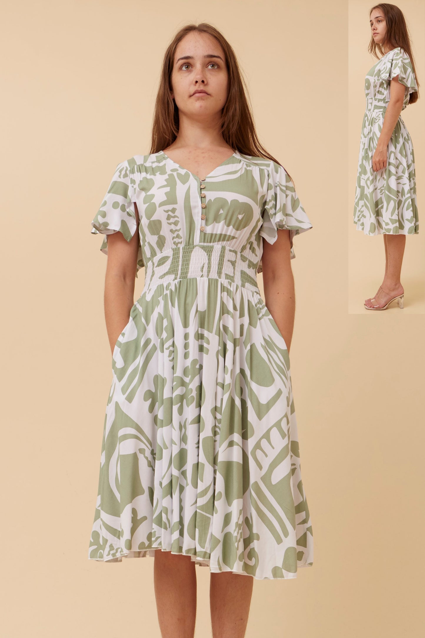 Megan Abstract Print Boho Midi Dress - D522814 Sage