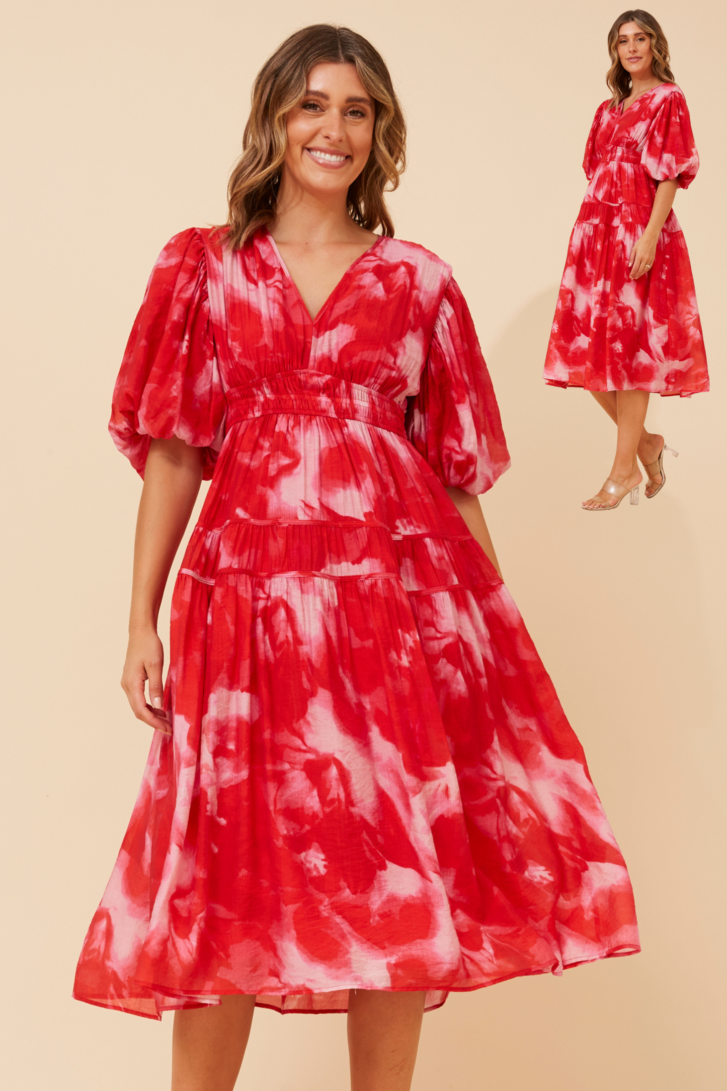 Cassandra Puff Sleeve Dress D736071 Multi Red