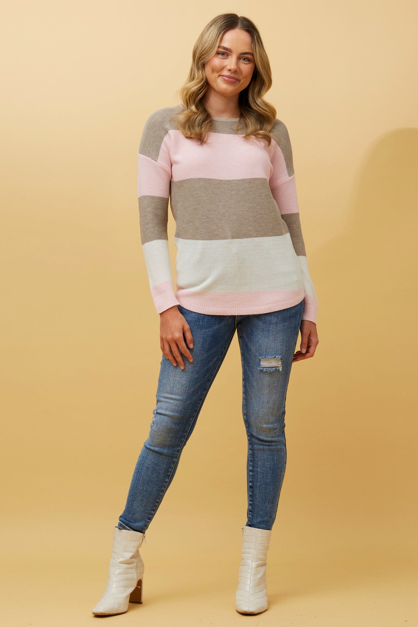 Olivia Colour Block Knit Jumper - Petal Pink KP507819