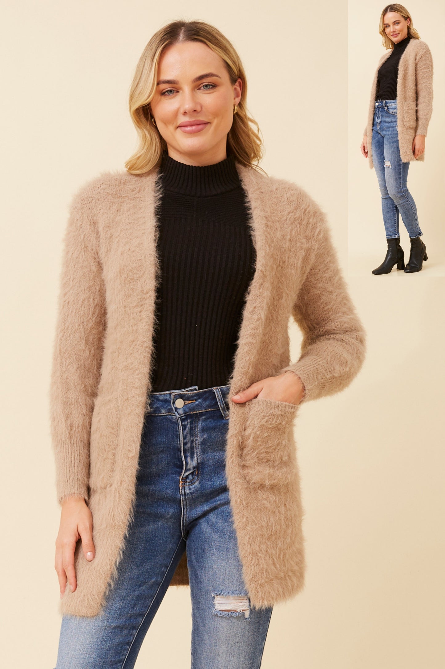 Davie Long Sleeves Eyelash Knit Cardigan KC522871 - Latte