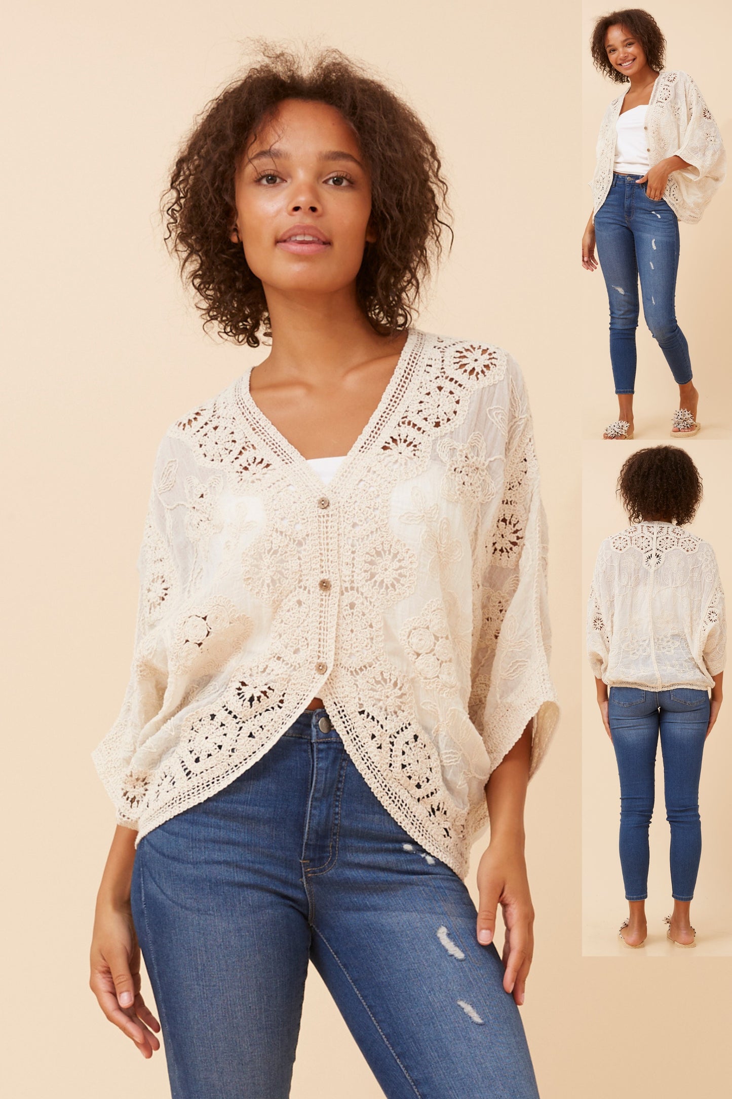 Boho Lace Crochet Cardigan C734706 Cream