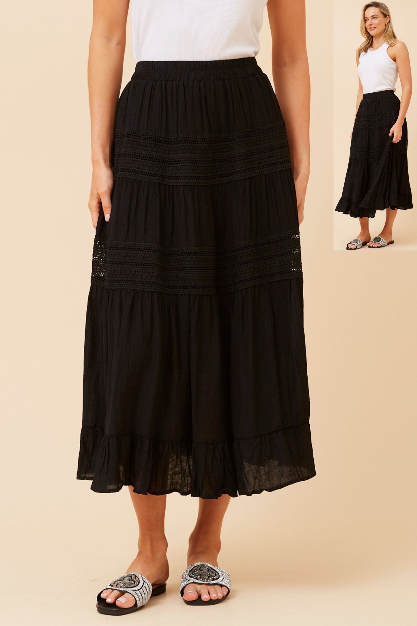 Elise Crochet Detail Midi Skirt S733324 - Black