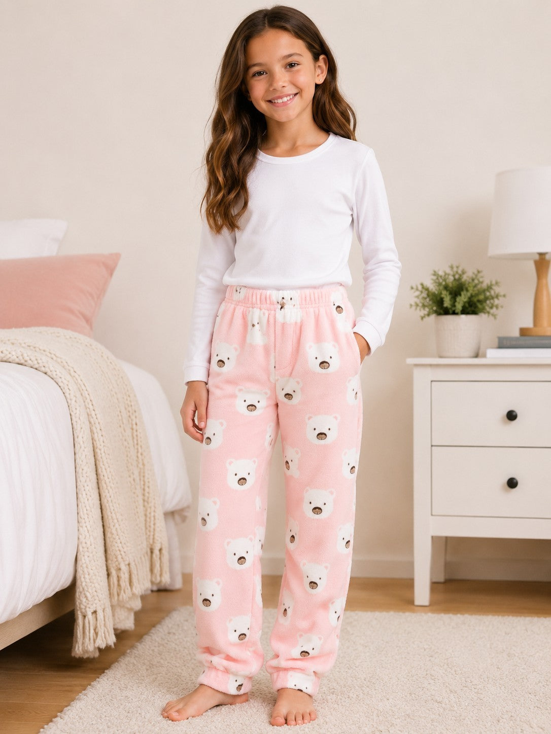 Teddy Bear Print Fluffy Kids Pyjamas Pale Pink