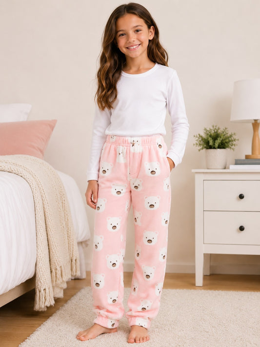 Teddy Bear Print Fluffy Kids Pyjamas Pale Pink