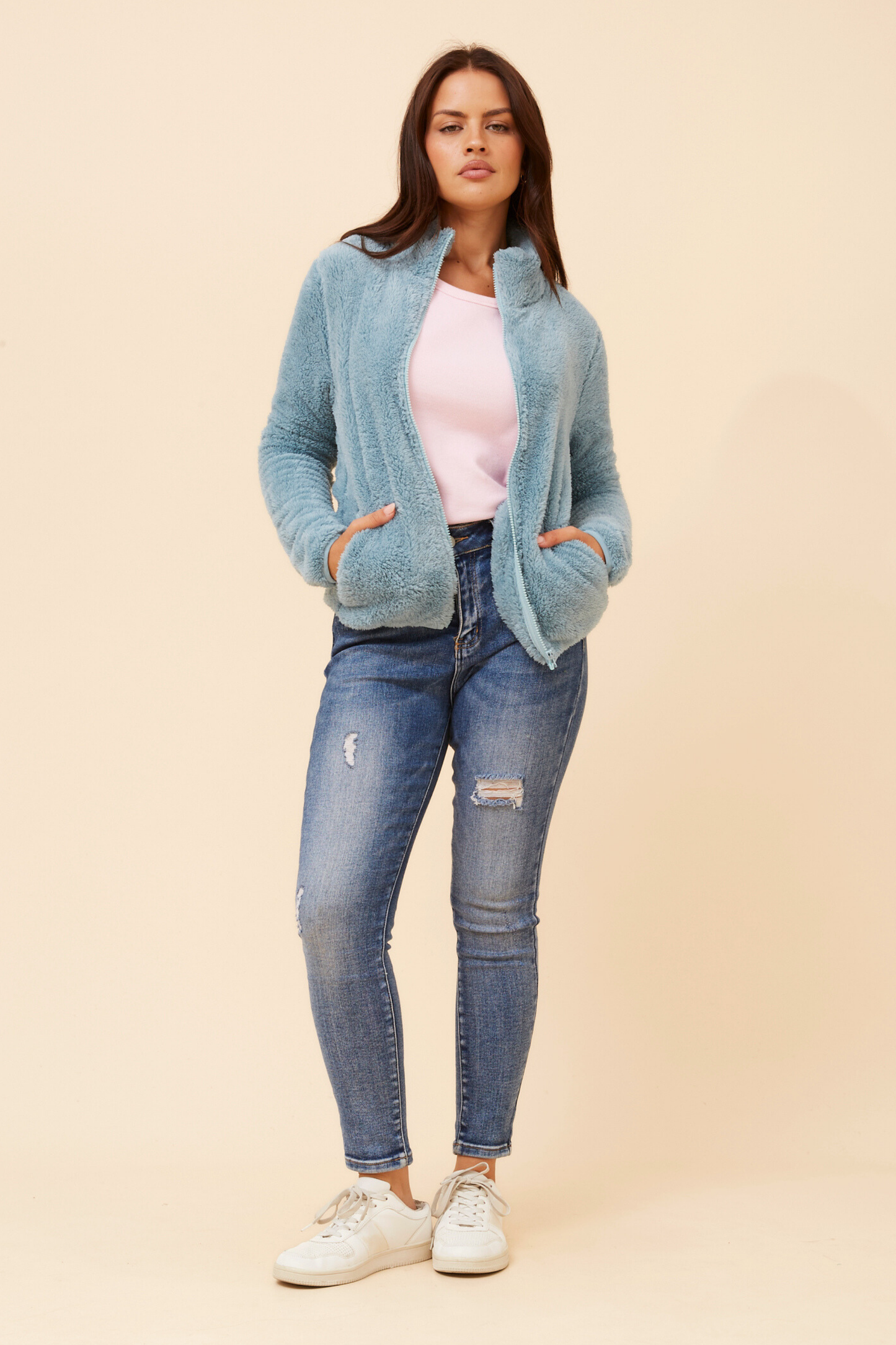 Front FAUX FUR Jacket- Blue Breeze J508971