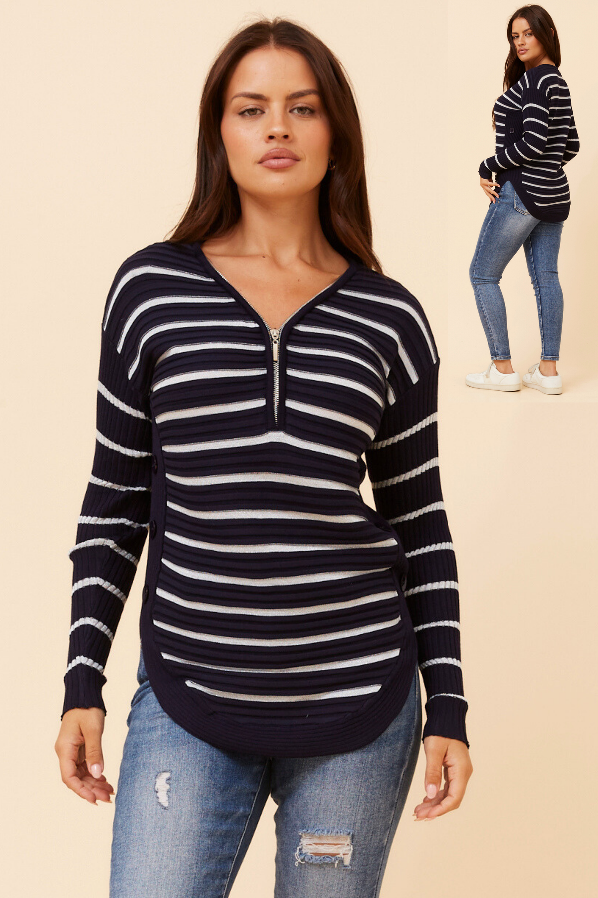 Artha Colour Block Knit Jumper KP178858 Navy