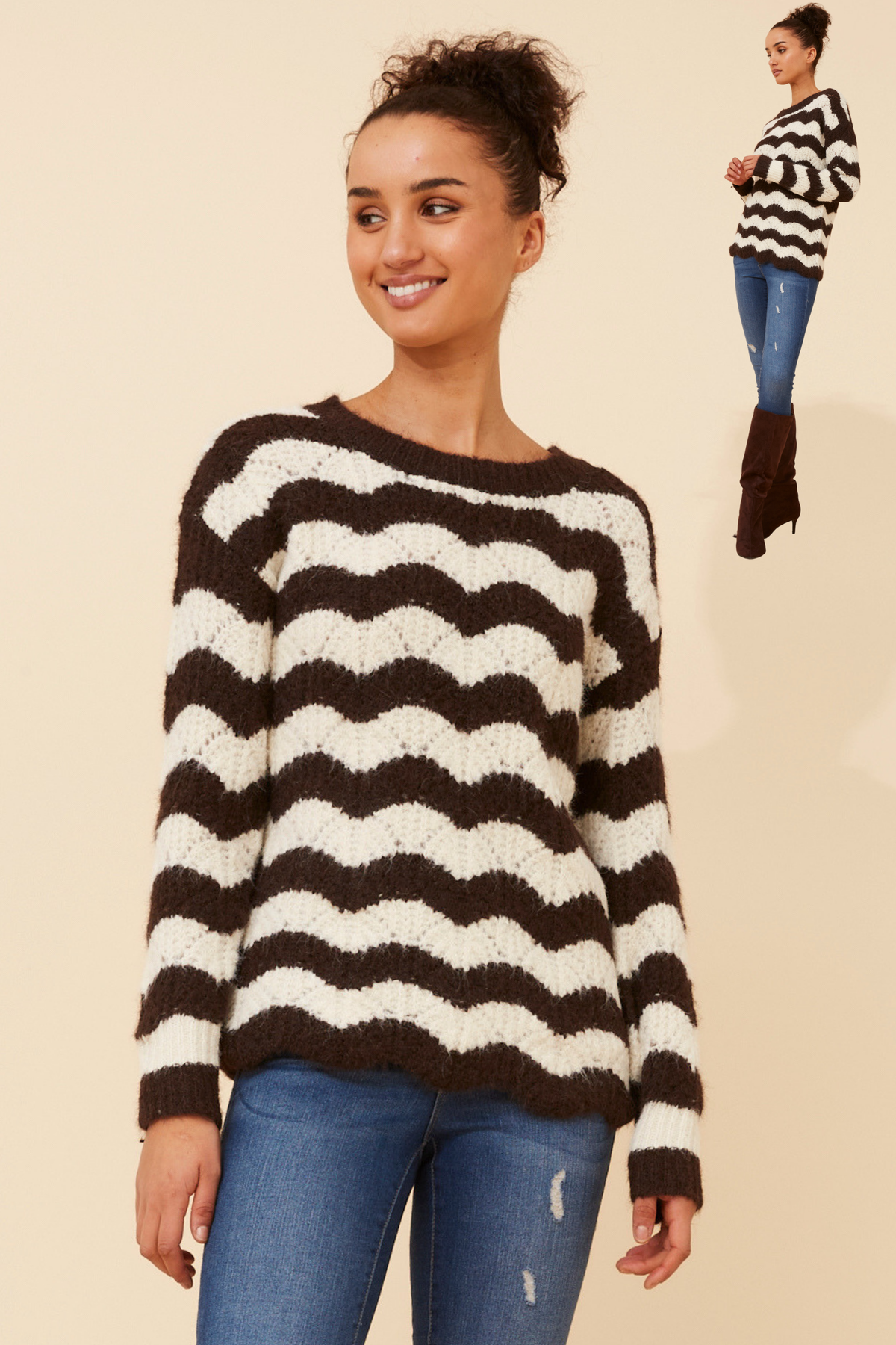 Orri Stripe Print Knit KP736720 Chocolate/Cream