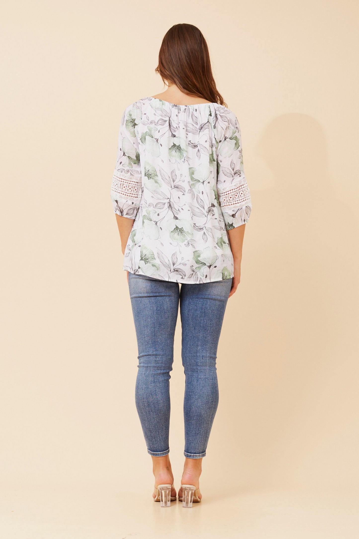 Reba Print Peasant Top - Green T523337