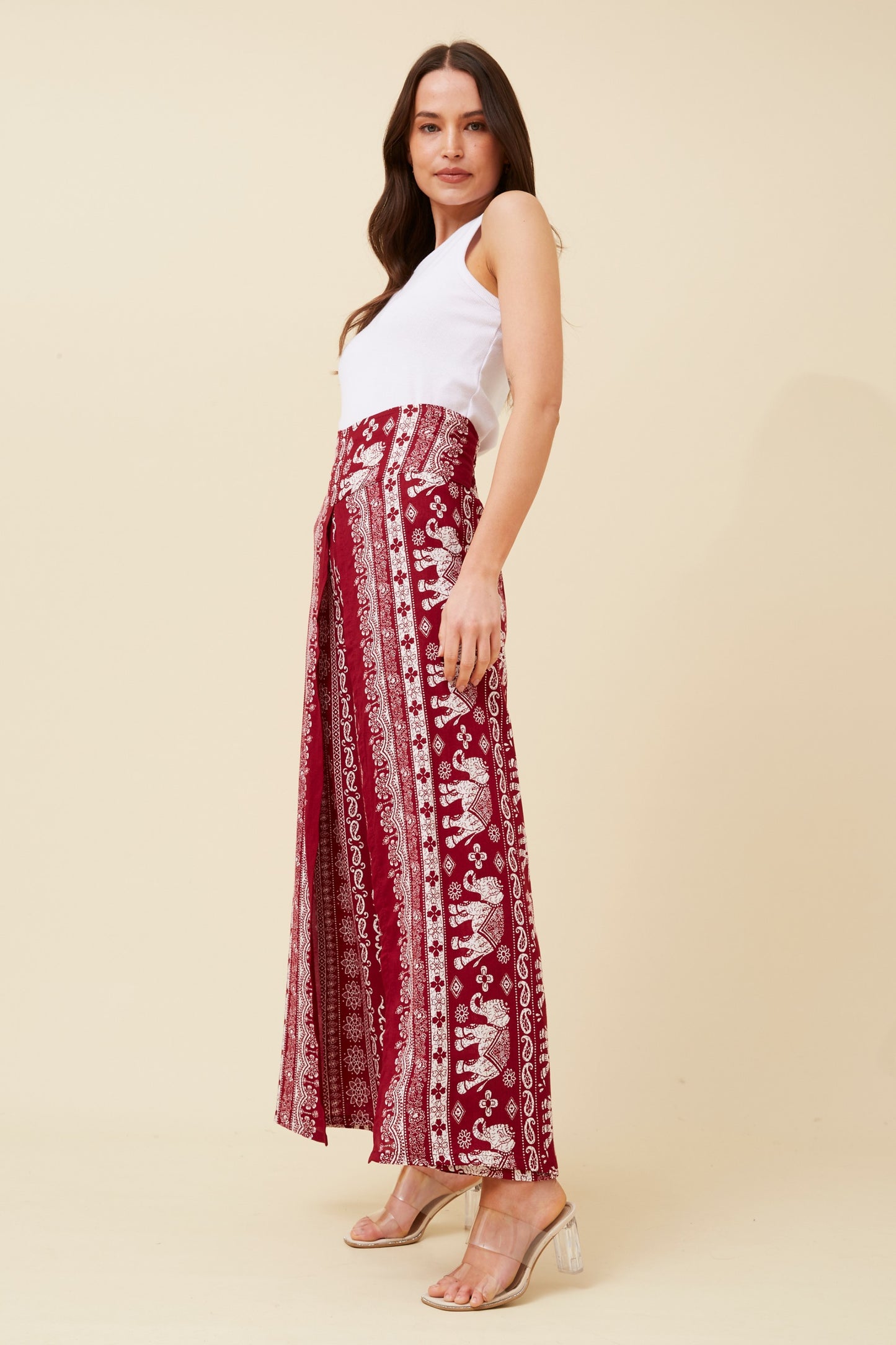 Elephant Printed Pant P520841- Burgundy