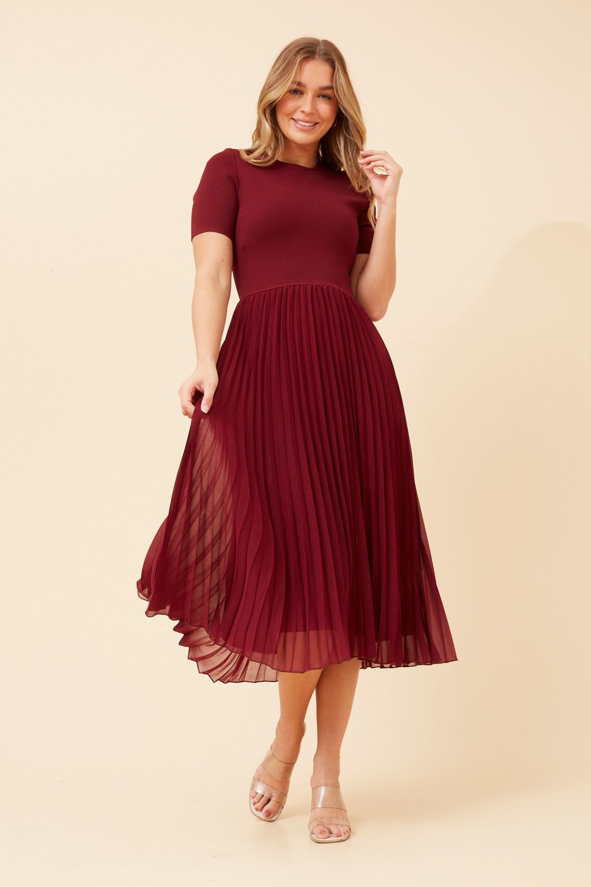 Siyra Pleated Knit Dress KD523893 Red Dahlia