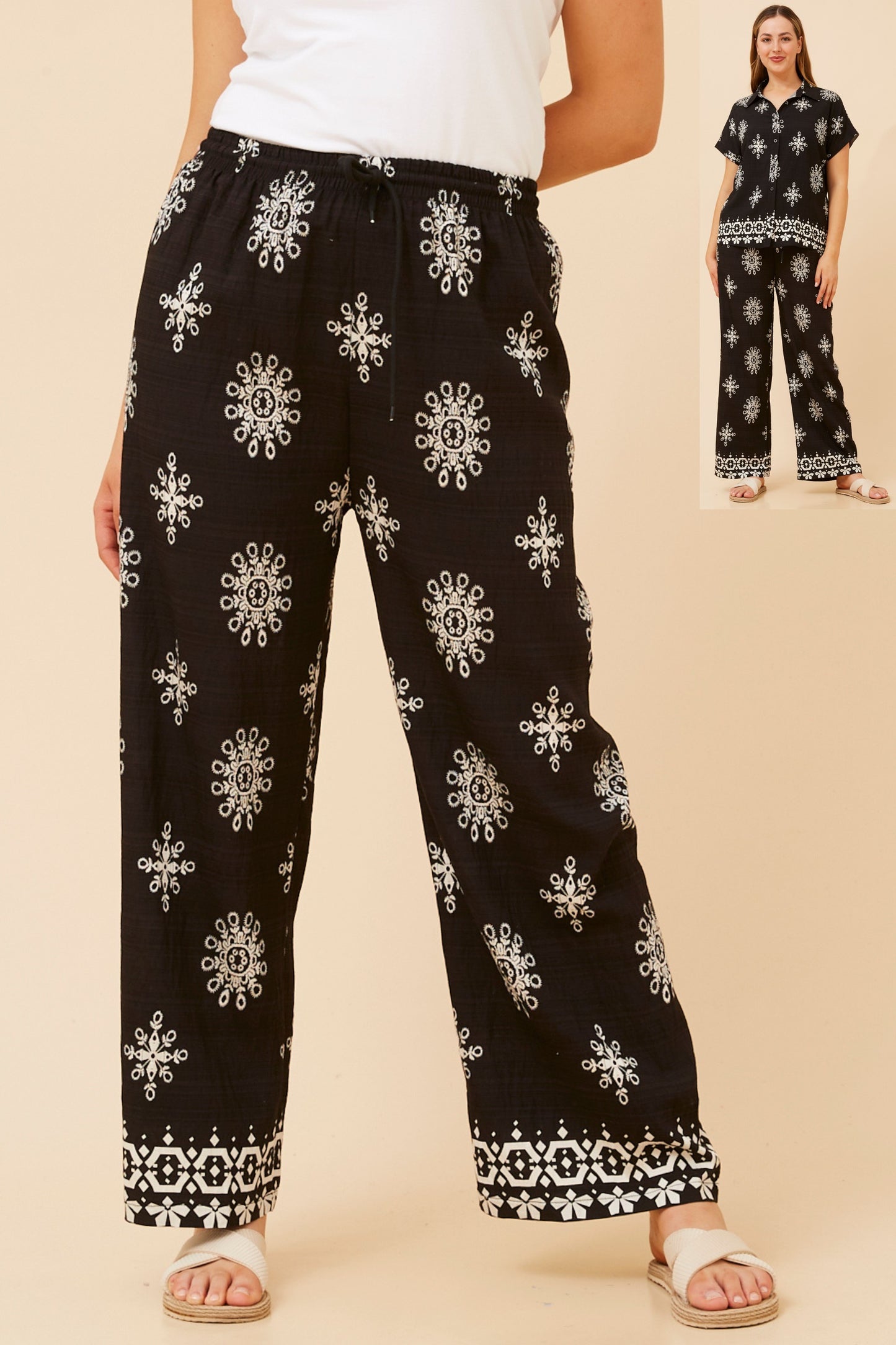 Aida embroidery Print Wide Leg Pant  P525008 Black
