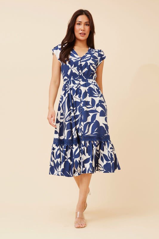 Milan Leaf Print Knee Dress - D523298 Blue